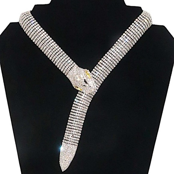 Vintage Glamorous White Gold Plated Crystal Cubic Zircon Snake Viper Necklace - Picture 7 of 8